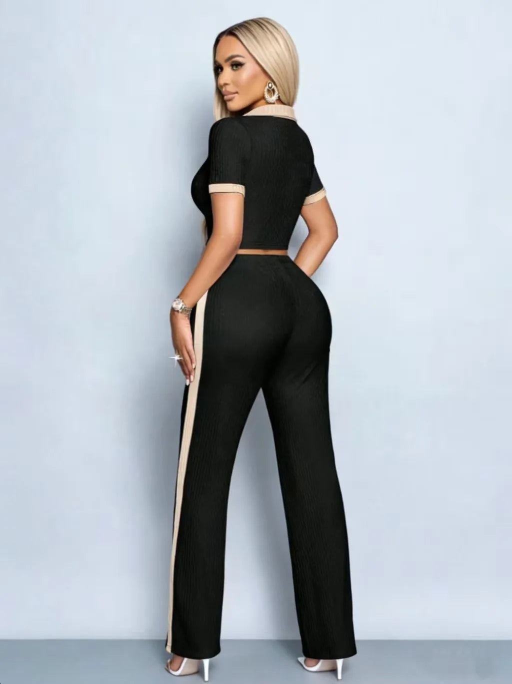 2026 Polo Neck Color Block Knitted Short Top High Waist Wide Leg Pants Set Two-Piece Set Striped Pattern Casual Wear