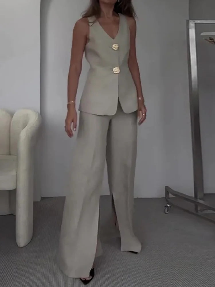 Women Summer Cardigan Top Chic Outfit, Solid Patchwork Wide Leg Pants Matching Sets, Sleeveless V Neck Ladies Suits Streetwear