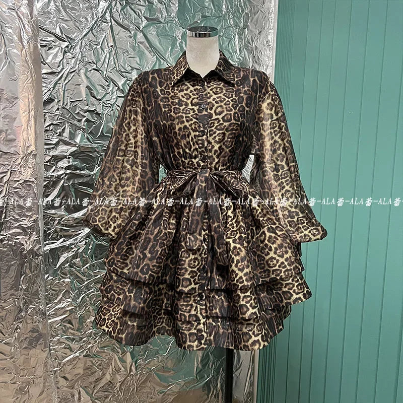 Spring Popular Retro Classic Leopard Pattern Single-Breasted Lantern Sleeve Shirt Layered Dress Puffy Cinched Short Dress Female
