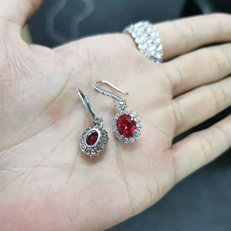 Drop Earrings With Oval Cut Ruby And Sapphire Stones In Sterling Silver 925, Vintage Style