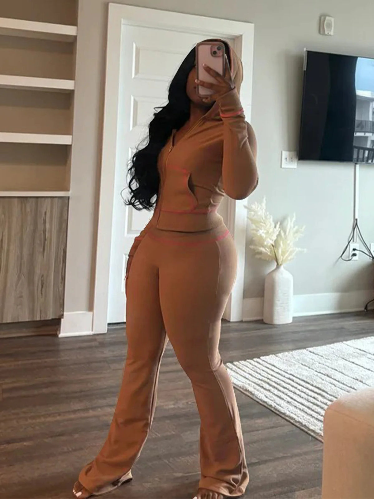 Hooded Long Sleeve Two Piece Matching Pants Set for Women