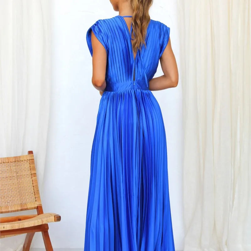 Elegance Draped V-Neck Pleated Skirt Dress 2025 Women Solid Strapless Backless Patchwork Loungewear Simple Maxi Dress