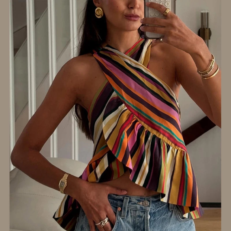 Rainbow Striped Halter Tank Top With Ruffle Trim For Women