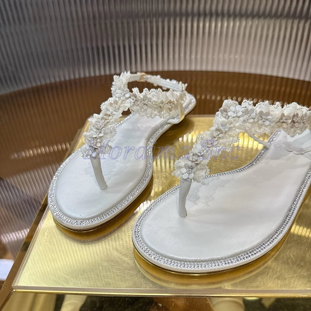 Chic Open Toe Floral Lace Trim Flat Sandals for Women
