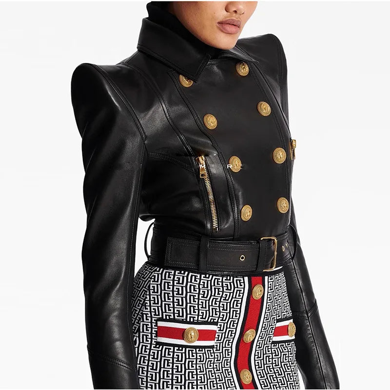Double Breasted Faux Leather Motorcycle Jacket for Women