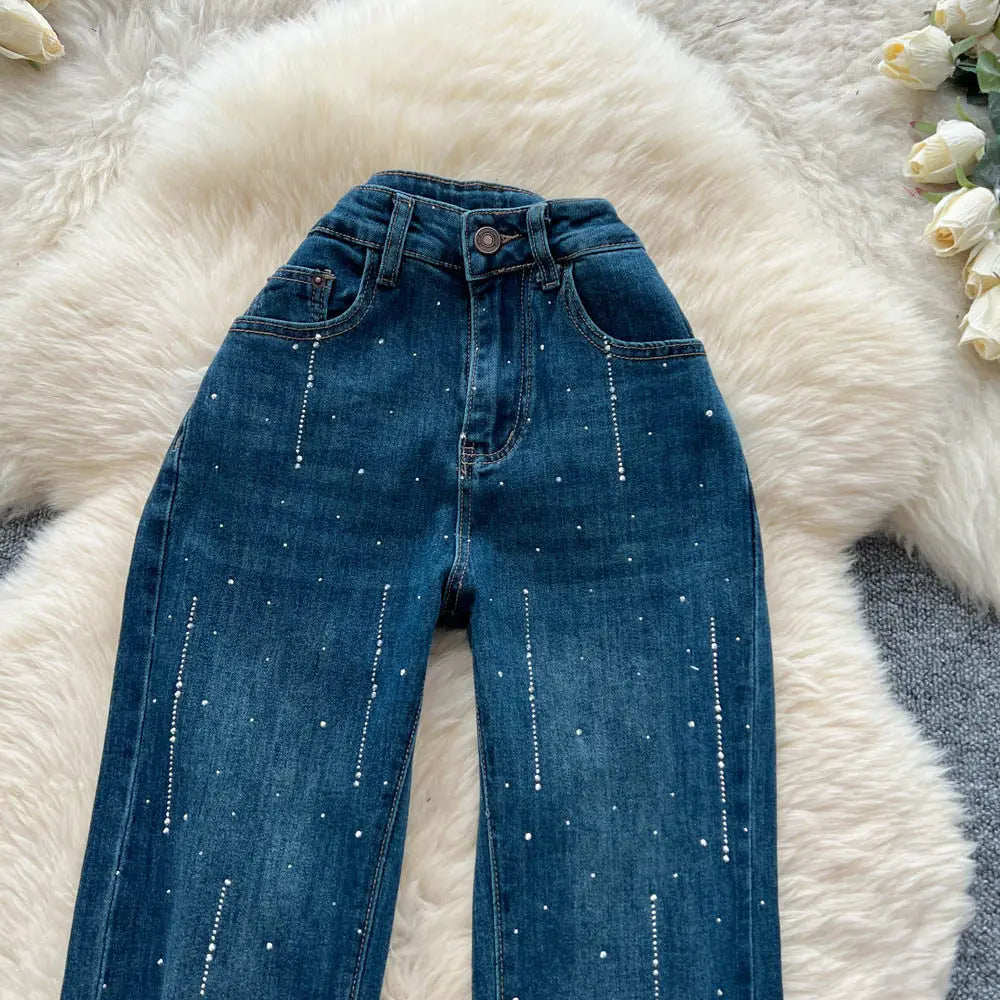 High-Waisted Rhinestone Embellished Flare Jeans for Women