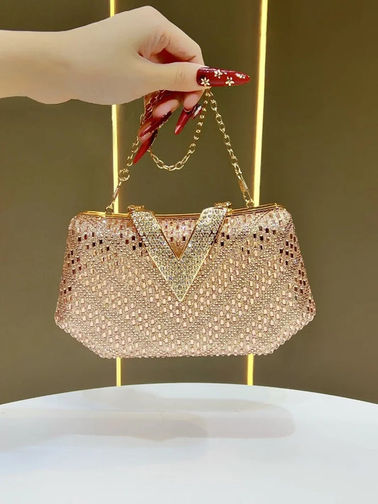 Luxury Shiny Diamond Studded V Letter Evening Dress Bag for Women Brand Rhinestones Handbags Elegant Cheongsam Bag Wedding Purse