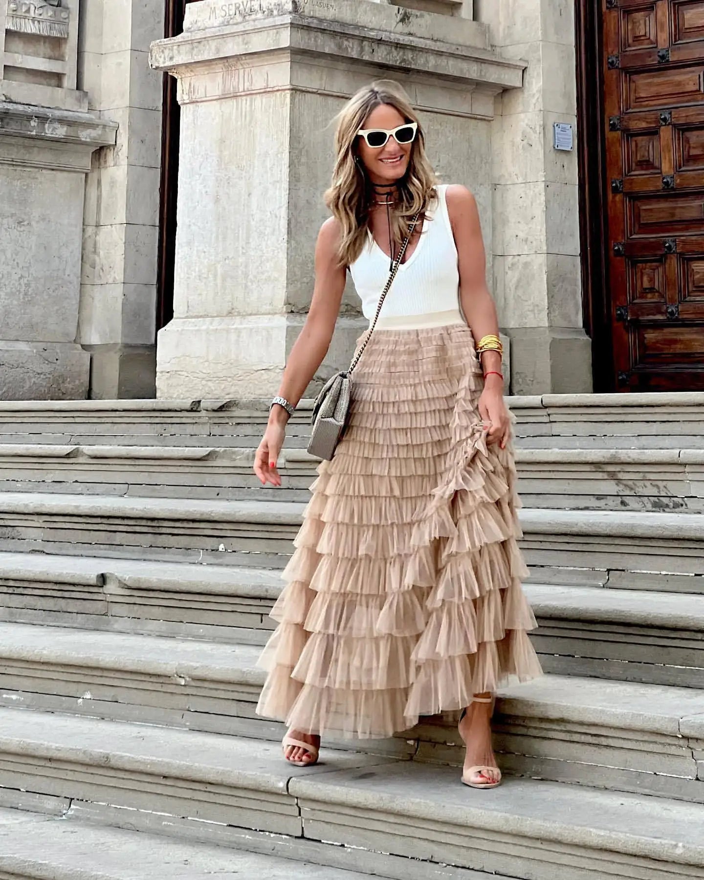 HOUZHOU Solid Multilayer Ruffle Mesh Skirt Women Boho High Waist Long Maxi Tulle Skirt Spring Summer Party Women's Clothing