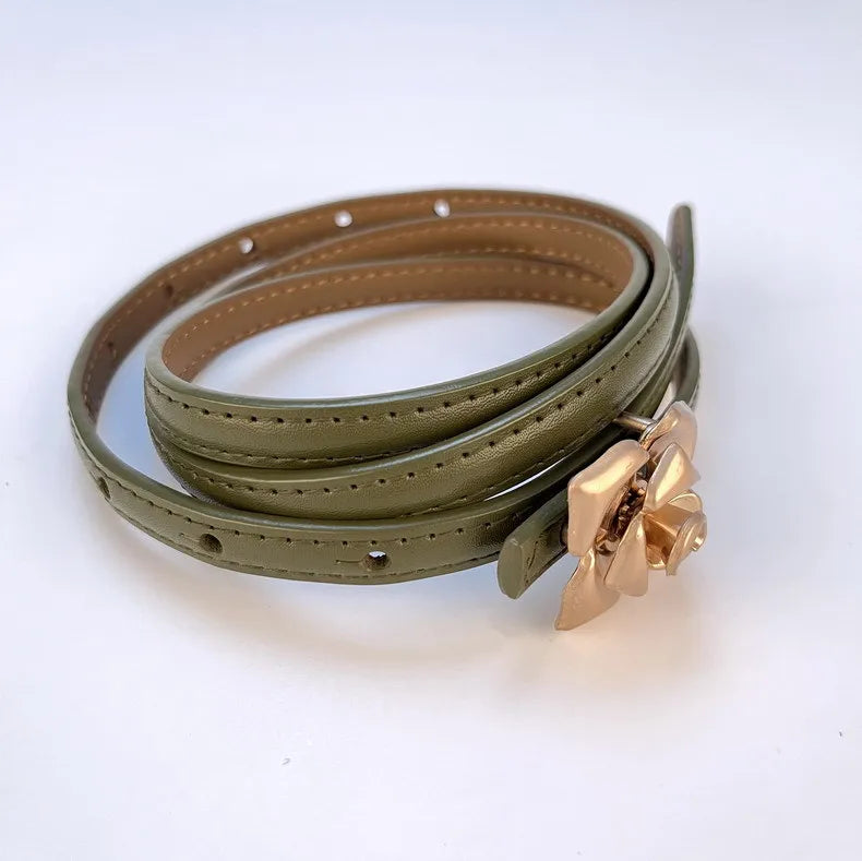 Double Sided Metal Flower Buckle Thin Belt for Women
