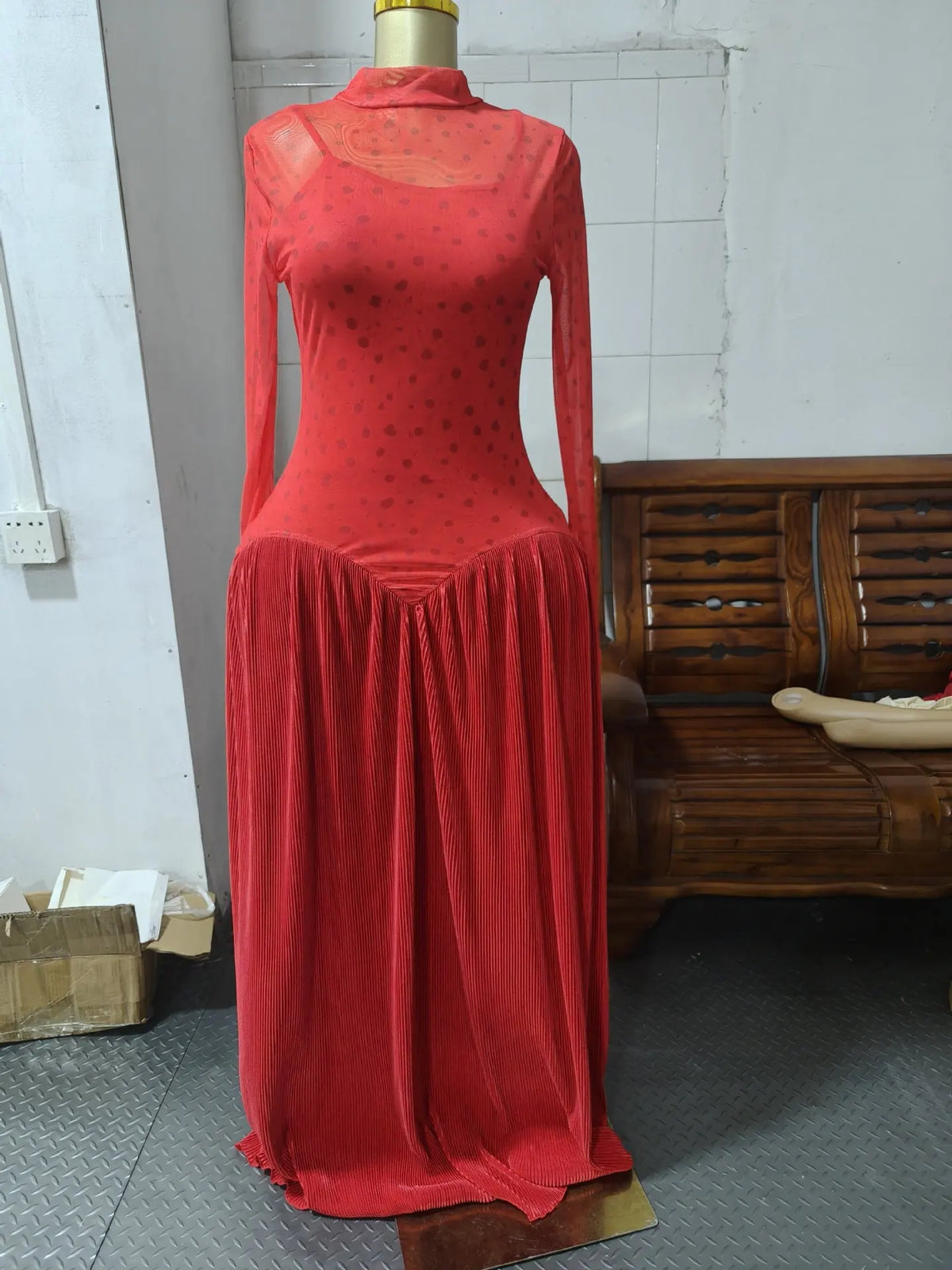 Pleated Stand Collar Maxi Dress With Long Sleeves for Women