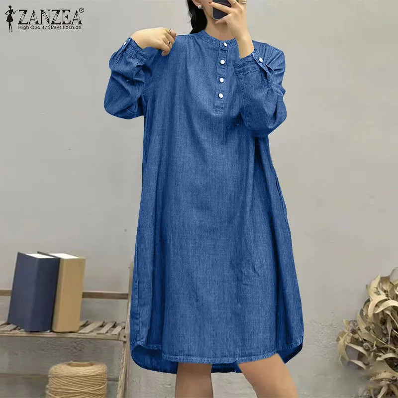 ZANZEA Women Shirt Dress Fashion Stand Collar Buttons Robes Casual Loose Long Sleeve Mini Dress Autumn Vintage Pocket Vestidos
