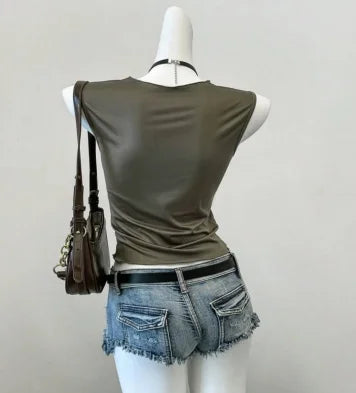 Korean summer new hot girl style 90s retro print niche y2k versatile design rock punk splicing mesh slim sleeveless T-shirt