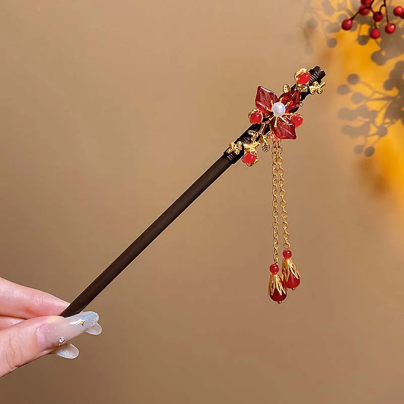 Red Floral Wooden Hanfu Hair Stick