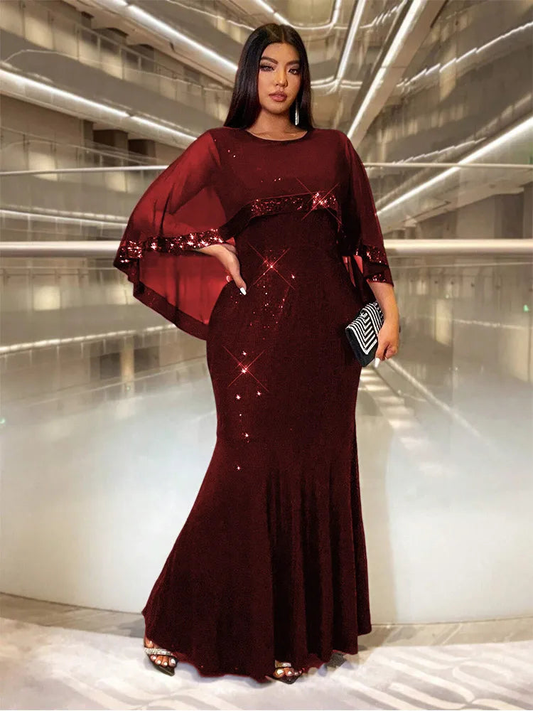 Plus Size Sequin Shawl Evening Gown