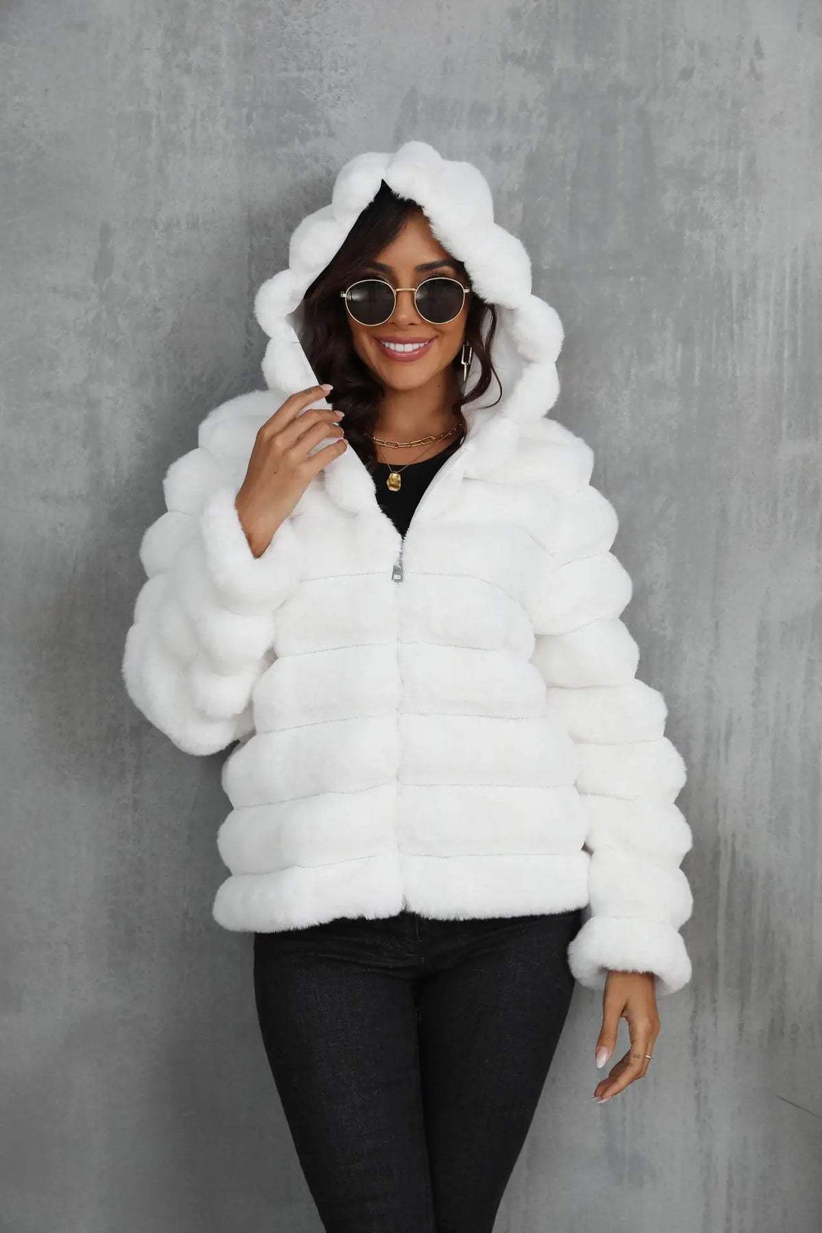 Warm Hooded Short Faux Fur Coat With Turn Down Collar for Women