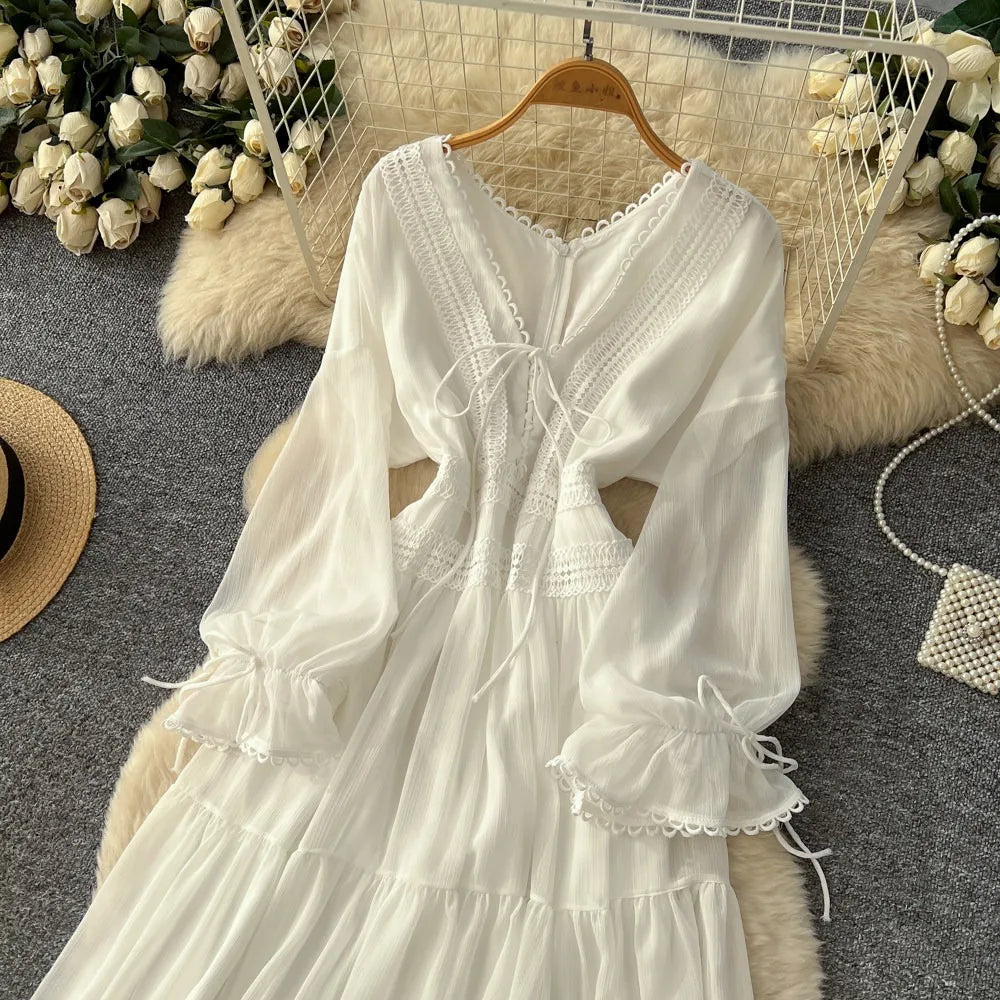 Elegant French V-Neck Waist-Cinching Maxi Dress for Women