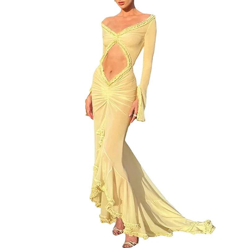 Beach Vacation Sexy Mesh Sheer Ruffled Dress for Women