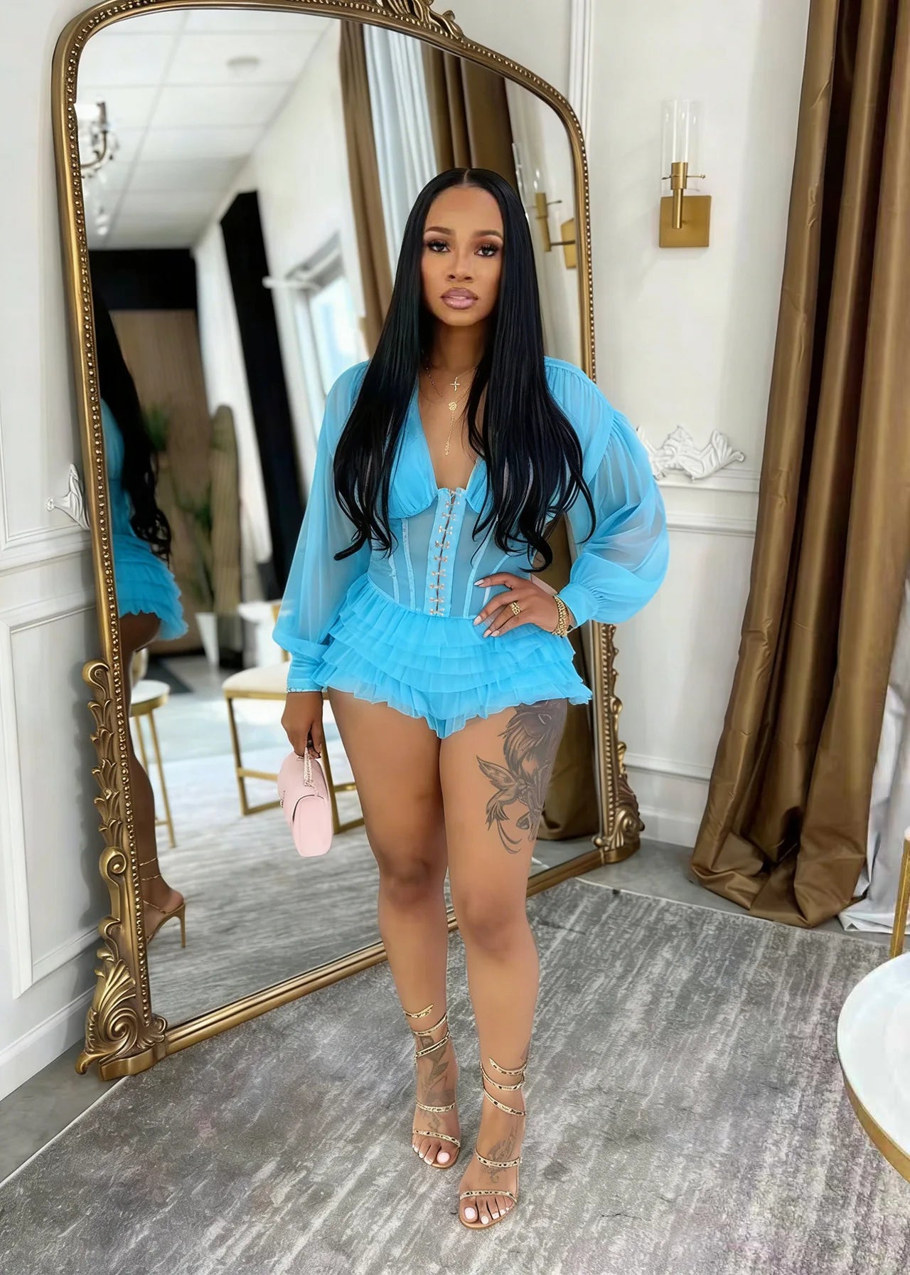 Mesh Ruched Patchwork See Through Long Sleeve Bodycon Rompers for Women