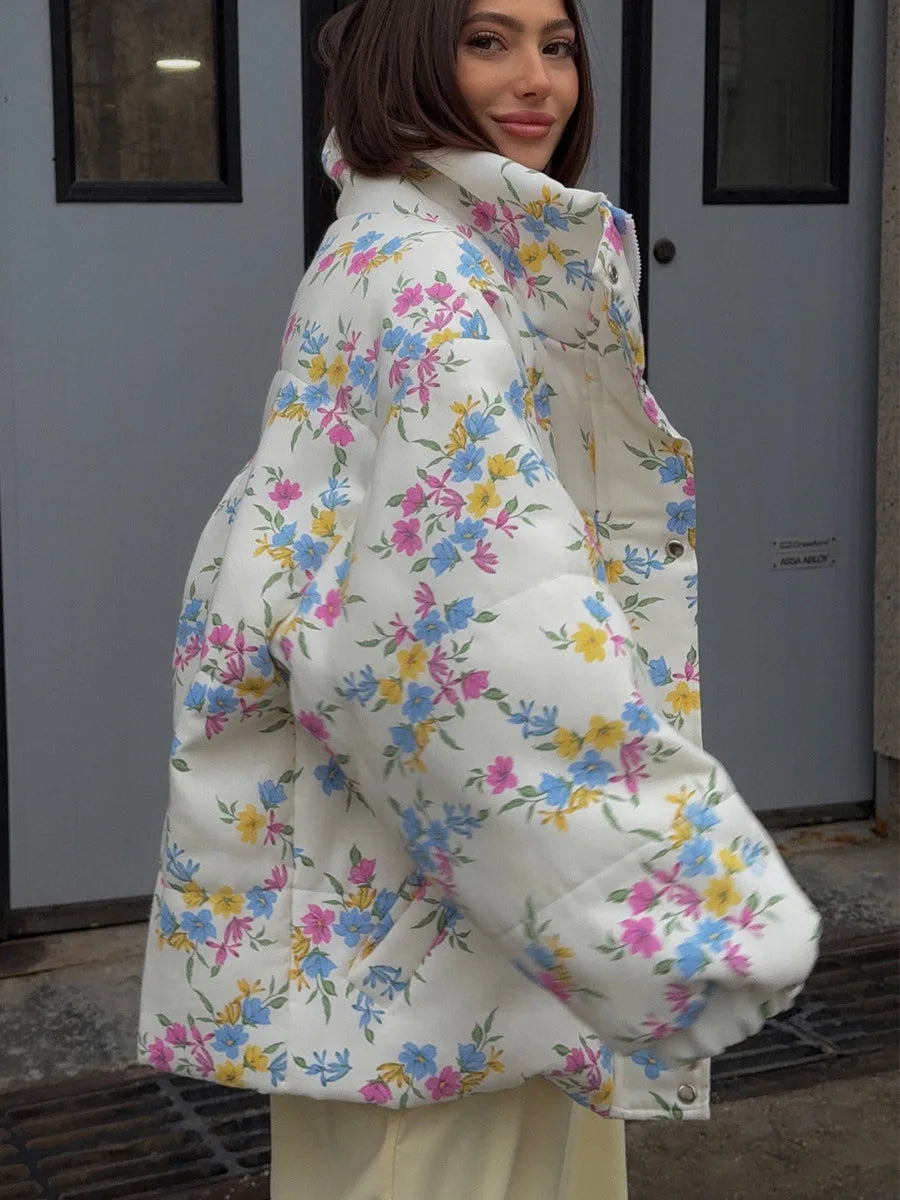 Floral Print Oversized Stand Collar Puffer Jacket For Women