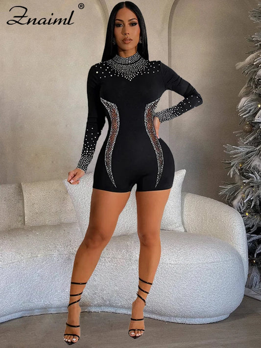 Znaiml Women's Long Sleeve O Neck Short Jumpsuit with Rhinestone Sheer See Through Stretch Bodycon for Nightclub Birthday Party