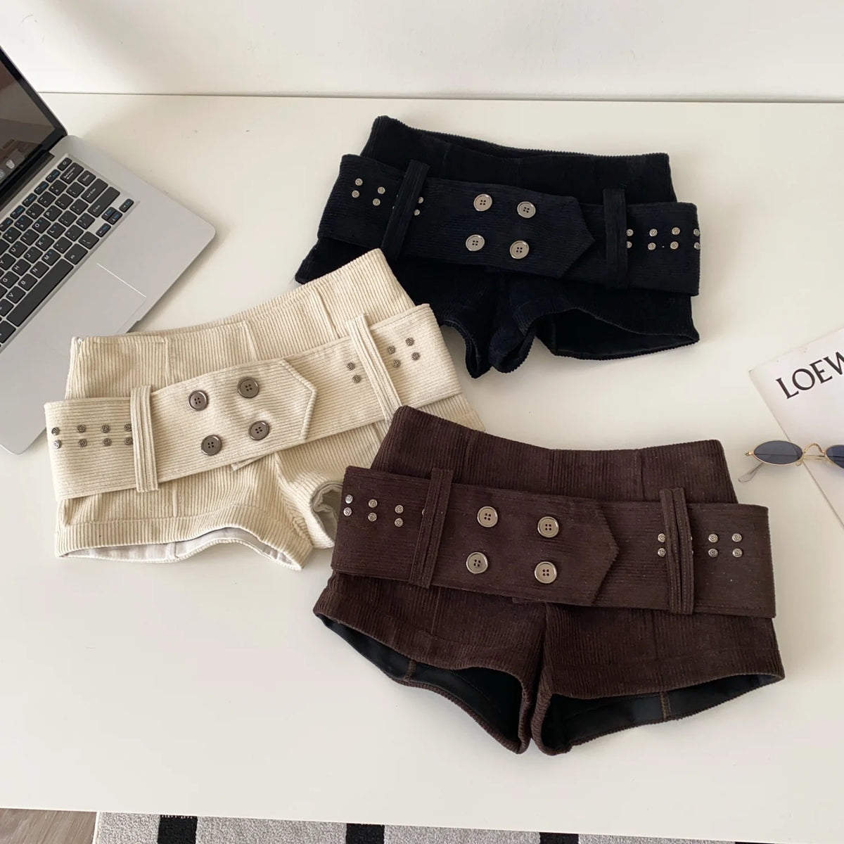 Retro Corduroy Button Detail Low Waist Shorts for Women