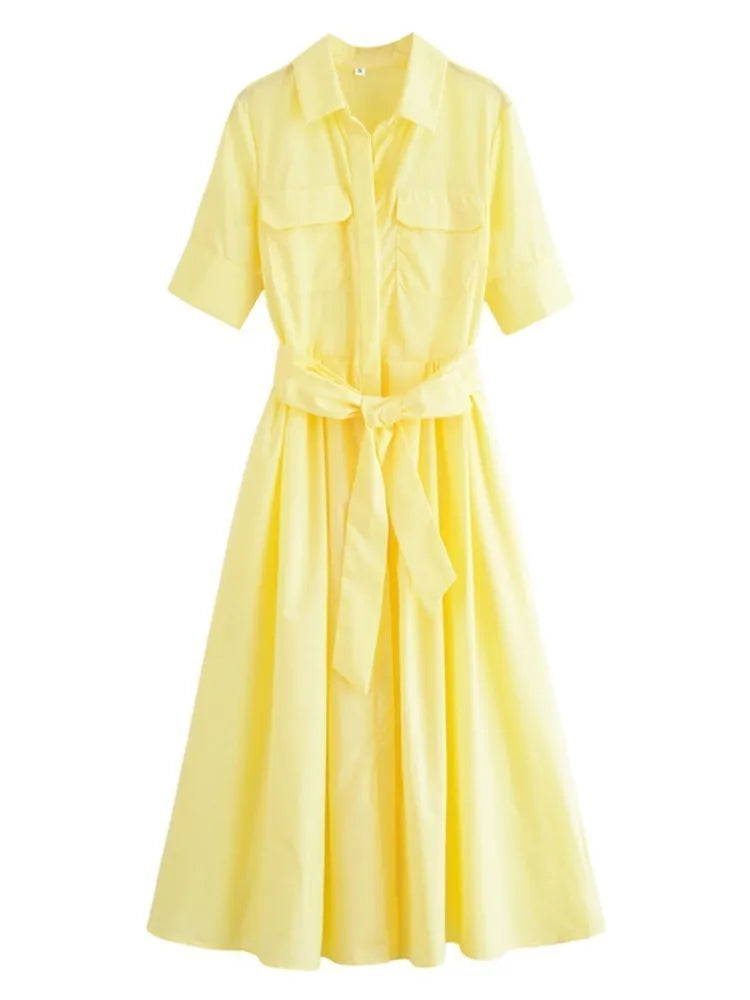 Lapel Casual Pockets Short Sleeve Shirt Dress for Women