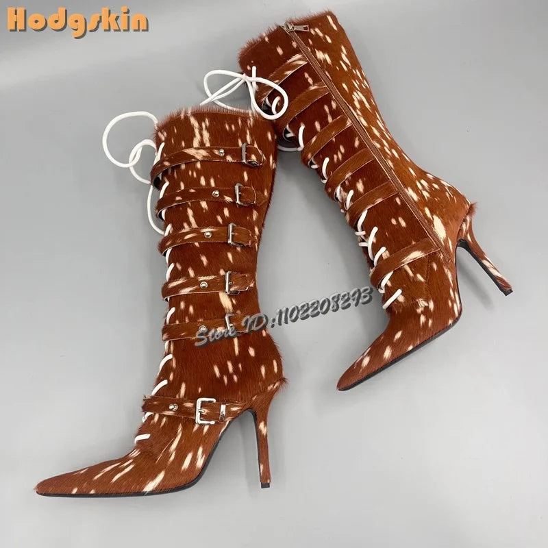 Faux Hair Over-the-Knee Pointed Toe Boots for Women