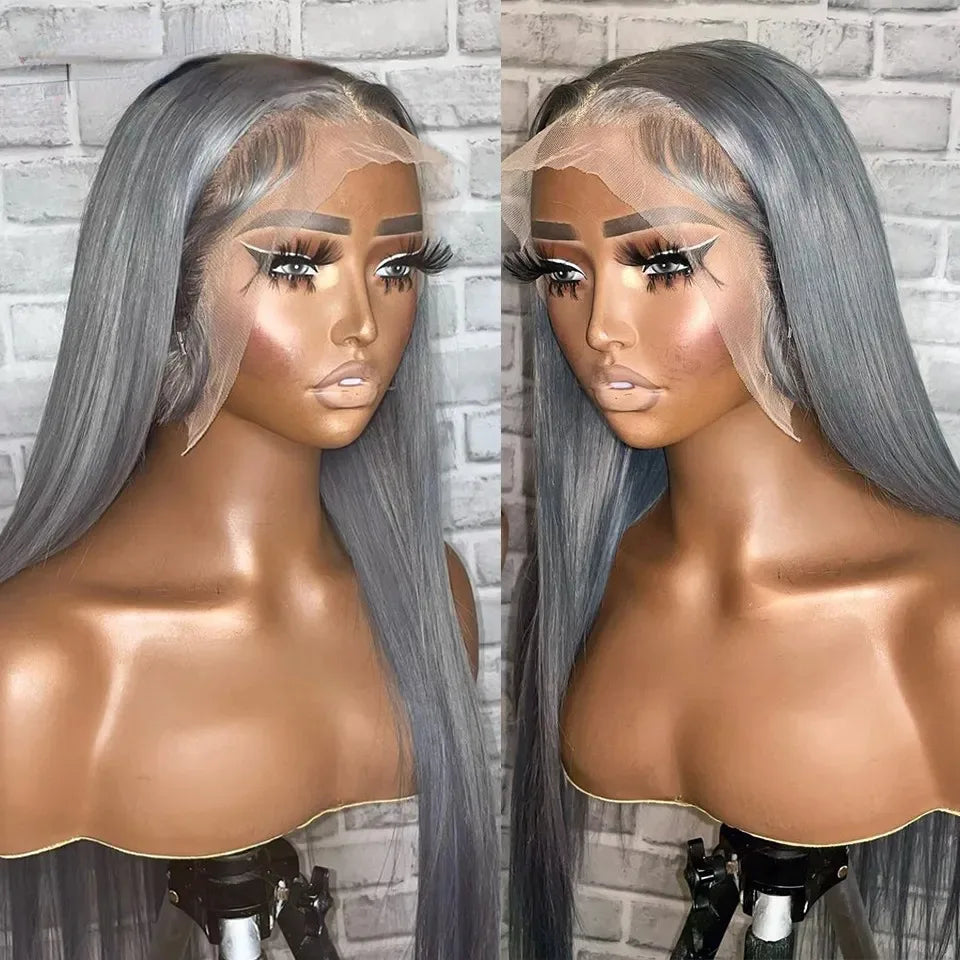 Grey Straight Lace Front Wig With Preplucked Hair for Women
