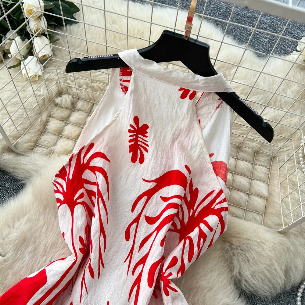Boho Print Lace-Up Tank Top and Wide-Leg Pants Set for Women