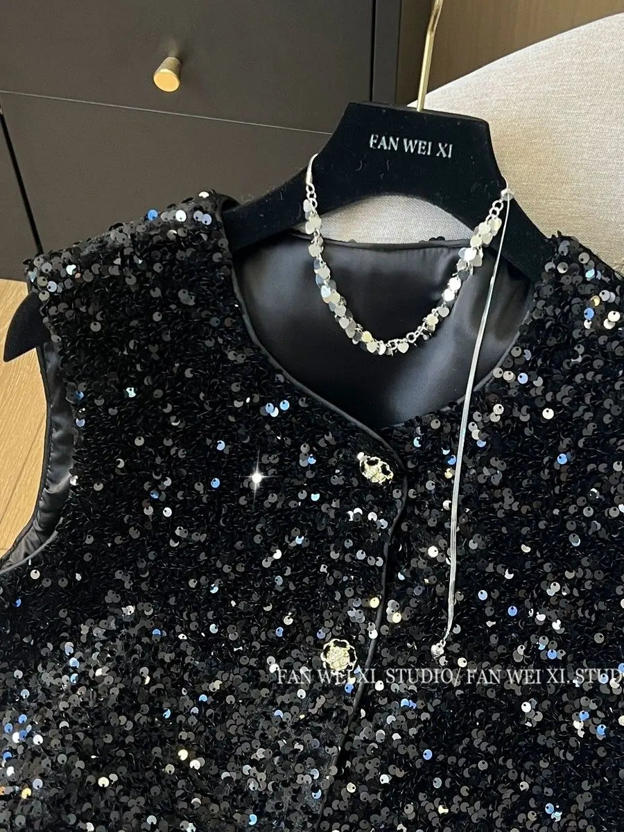 Elegant Retro Chinese Style Sequined Knit Vest for Women