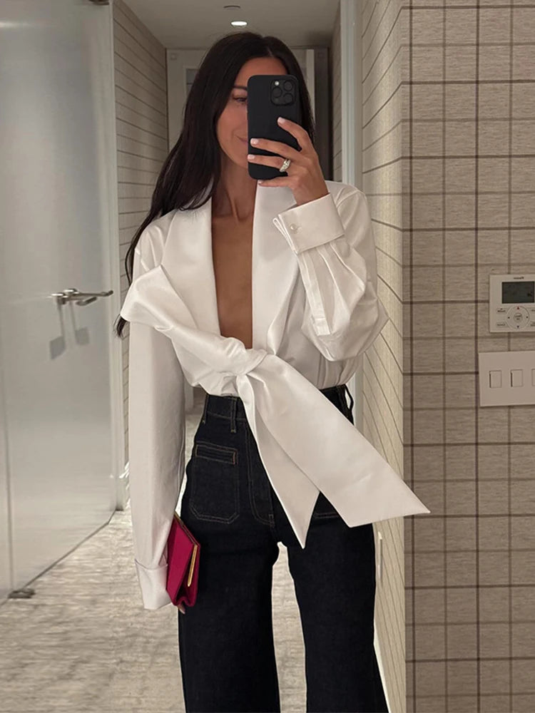 Elegant Bow Detail Pleated Long Sleeve V Neck Blouse for Women