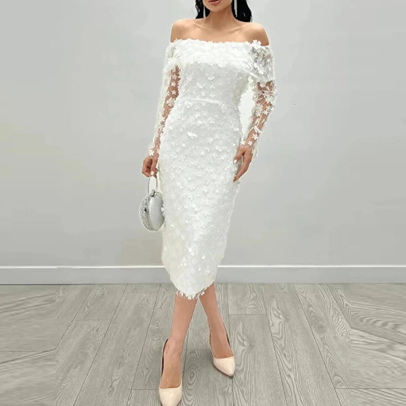 Floral Mesh Off Shoulder Slim Fit Party Long Dress for Women