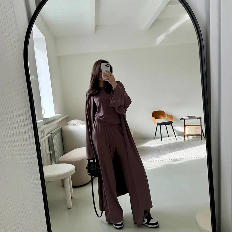 Casual Three Piece Shirt, Coat And Wide Leg Pants Set for Women