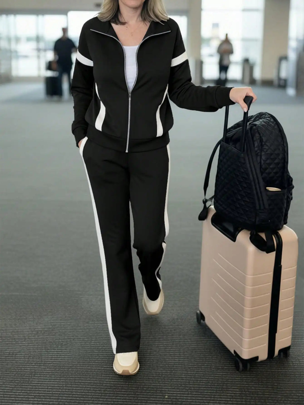 Contrast Long Sleeve Jacket And Striped Trousers Set for Women