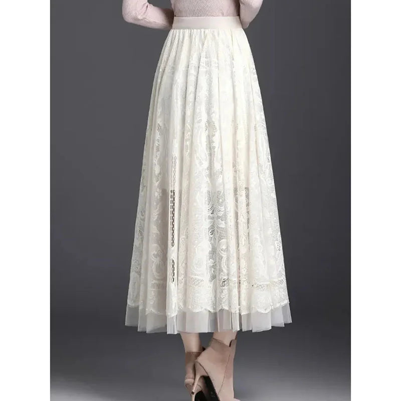 High Waist Lace Skirt With Hollow Out Studded Details For Women