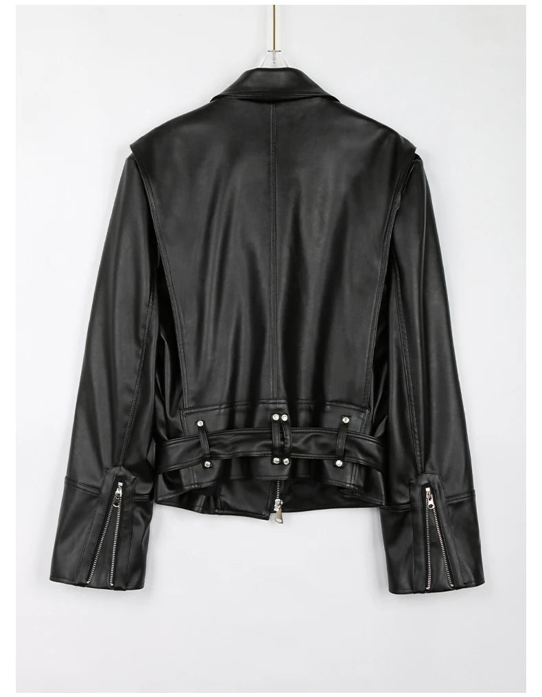 Bright Green Faux Leather Biker Jacket With Adjustable Waist For Women