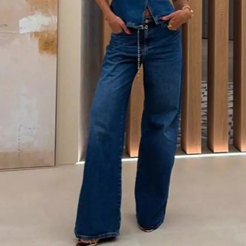 New Denim Style Spring Summer Wide Leg Pants, Women Holiday High Waist Simple Pants, 2025 Pocket Patchwork Solid Ladies Trousers