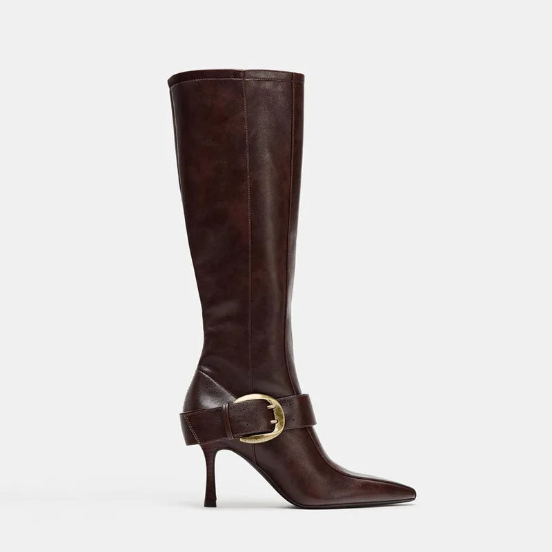Elegant Pointed Toe Metal Buckle Mid Calf Boots for Women
