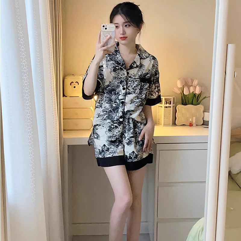 Chinese Elegant Ink and Wash Painting Women's Pajamas Ancient Style Classical Flavor Sleepwear 2024 New Summer Fashion Nightgown