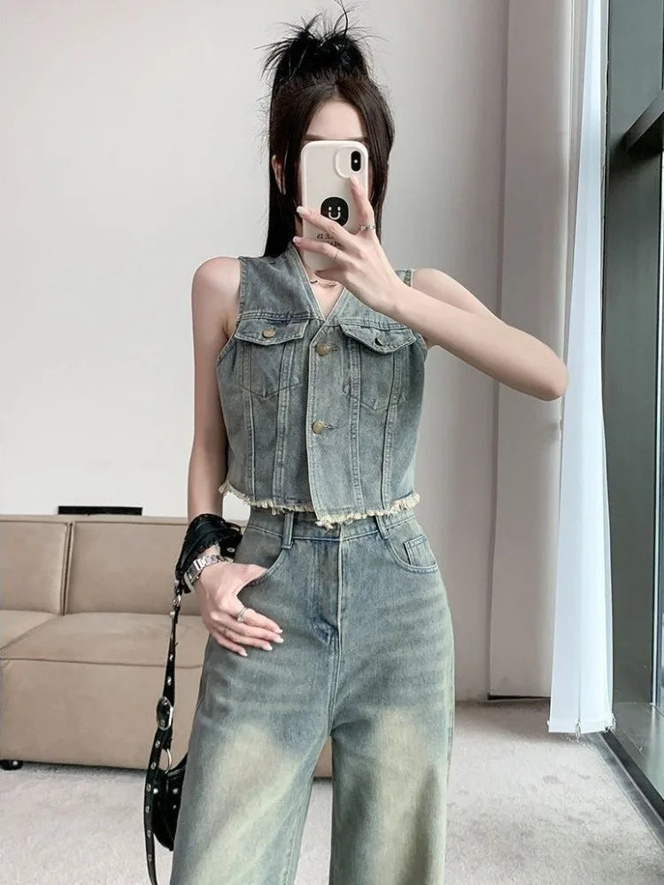 Frayed Denim Vest High Waisted Pants Set Sleeveless Jean Vest Top with Wide Leg Tapered Cropped Pants for Women Summer Outfit