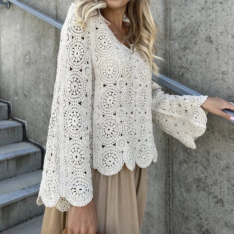New Casual Solid Color Beach Cover Tees Sexy V-neck Long Sleeved Crochet Top Summer Vacation Hollow Out Knitted Women's T-shirt