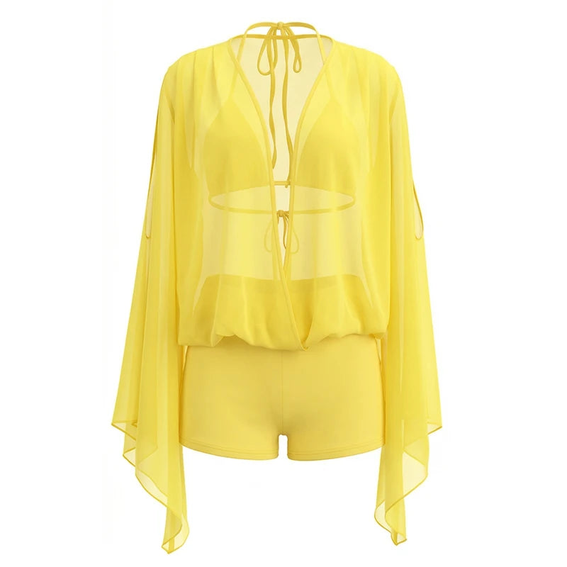 Ruched Elegant Three Piece Set With Halter Tops And Vneck Mesh Tops For Women