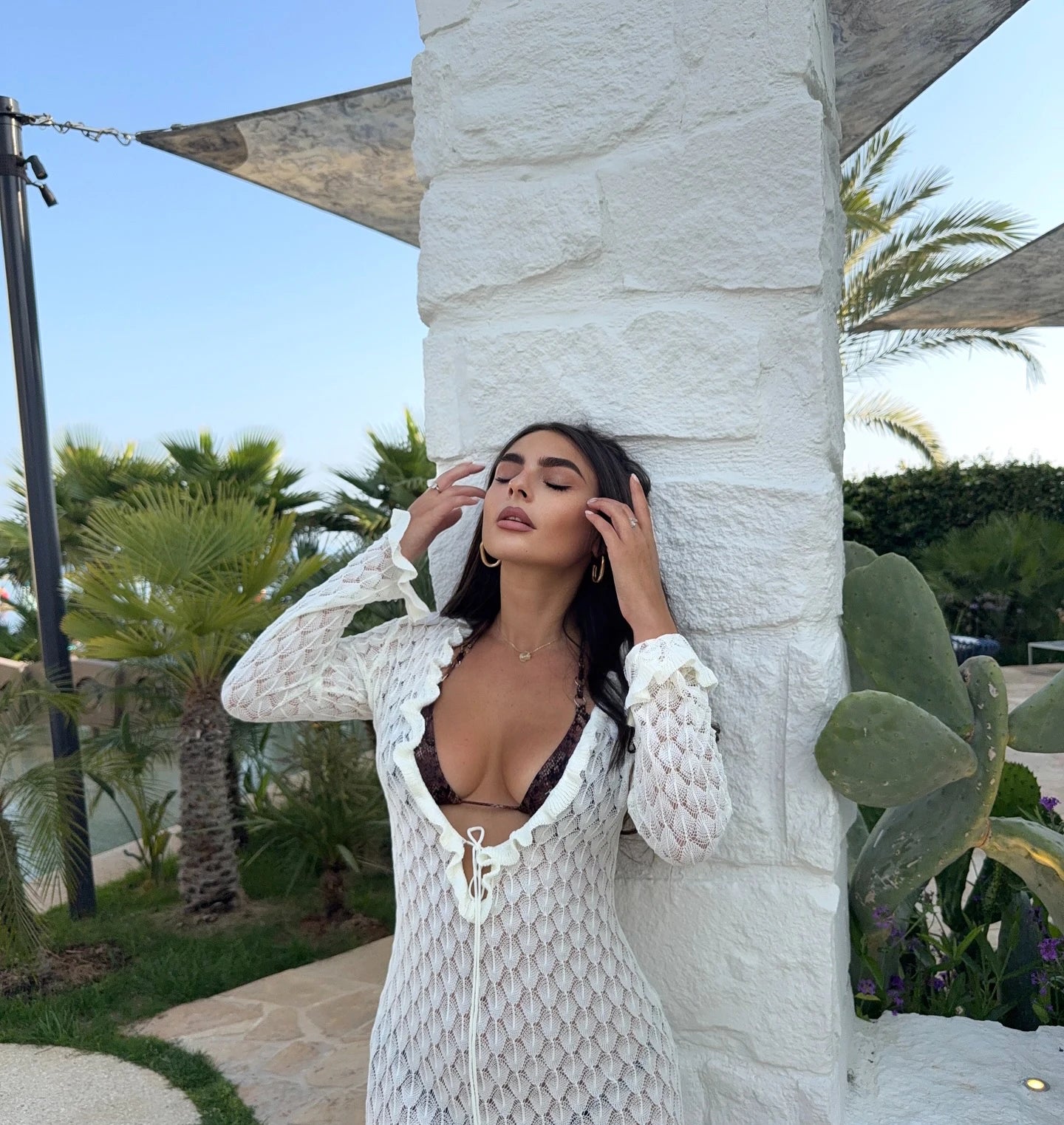 Sexy Frill Big V Neck Hollow Out Long Sleeve Maxi Dress Summer 2025 Feminine Swimwear Bikini Cover Up Women Holiday Outfits K221