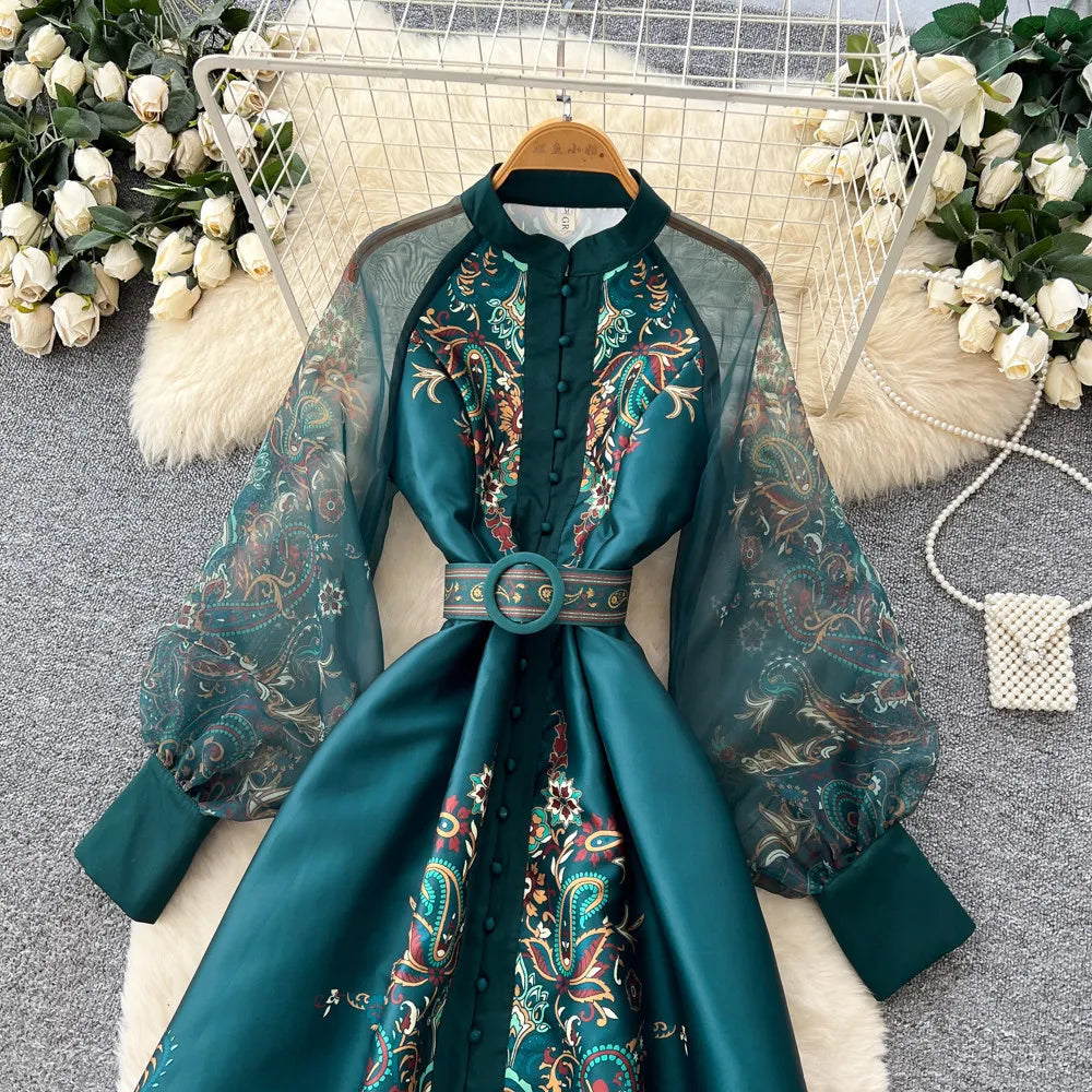 Elegant Printed Mesh Spliced A Line Maxi Dress for Women