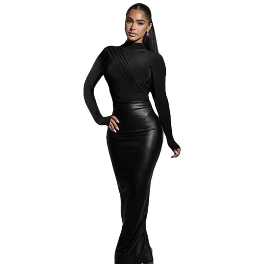 Black PU Leather Long Skirt Sexy Women High Waist Elegant High Street Faux Leather Casual Skirt