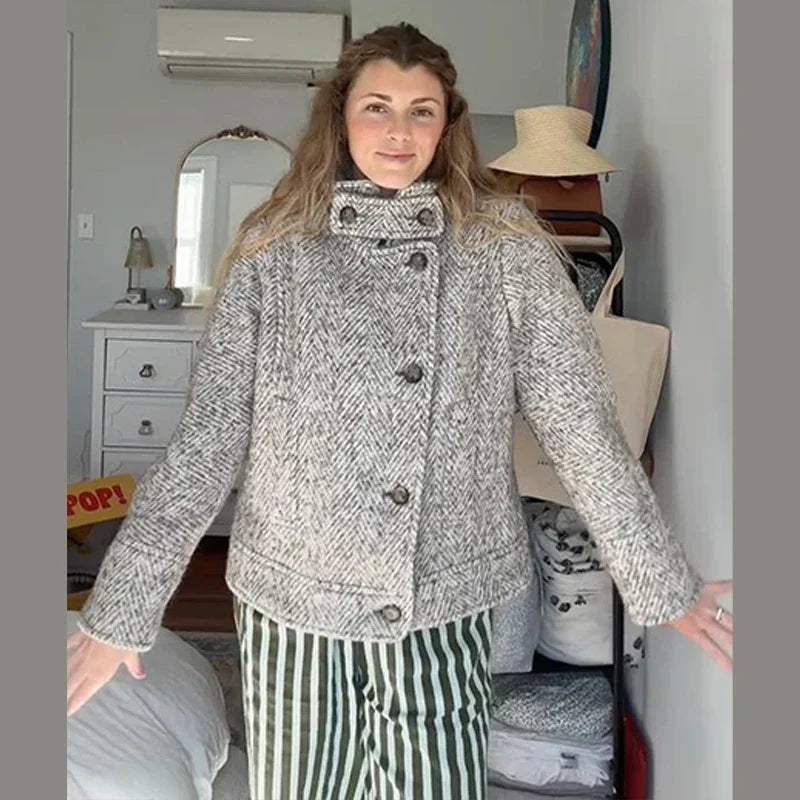 Elegant Print Stand Collar Tailored Long Coat for Women