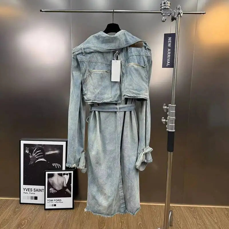 KUCLUT 2025 Autumn Fashion Elegant Turn-Down Collar Washed Denim Trench For Women With Belt Loose Street Style Coat 1A66505