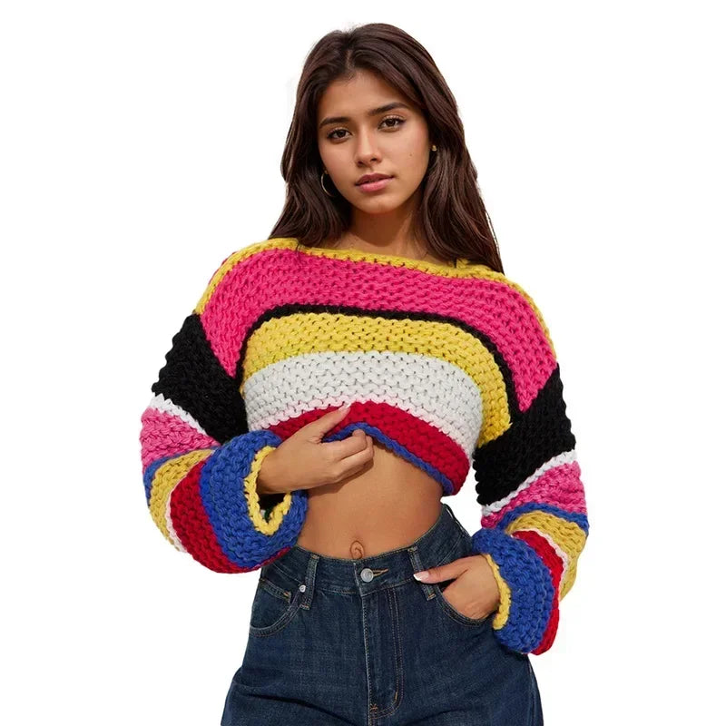 Rainbow Check Cropped Long Sleeve Knit Sweater for Women