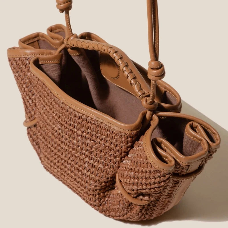 Luxury Brown Leather Braided Handbag Niche Exquisite Versatile Pleated Shoulder Bag Women's Fashion Brand Solid Color Bucket Bag