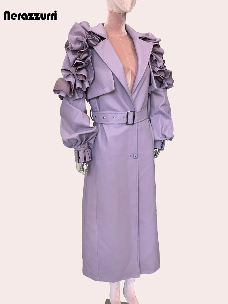 Long Purple Faux Leather Trench Coat With Ruffled Collar For Women